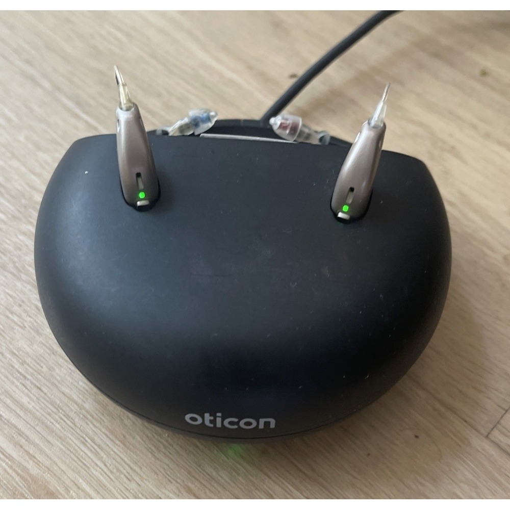Oticon More 1 Mini RITE R Hearing Aids Charger, Case w/ Accessories